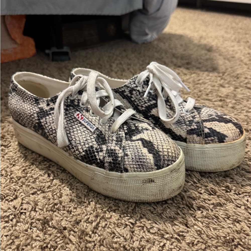 Superga Women's Black and White Snake Print Sneakers